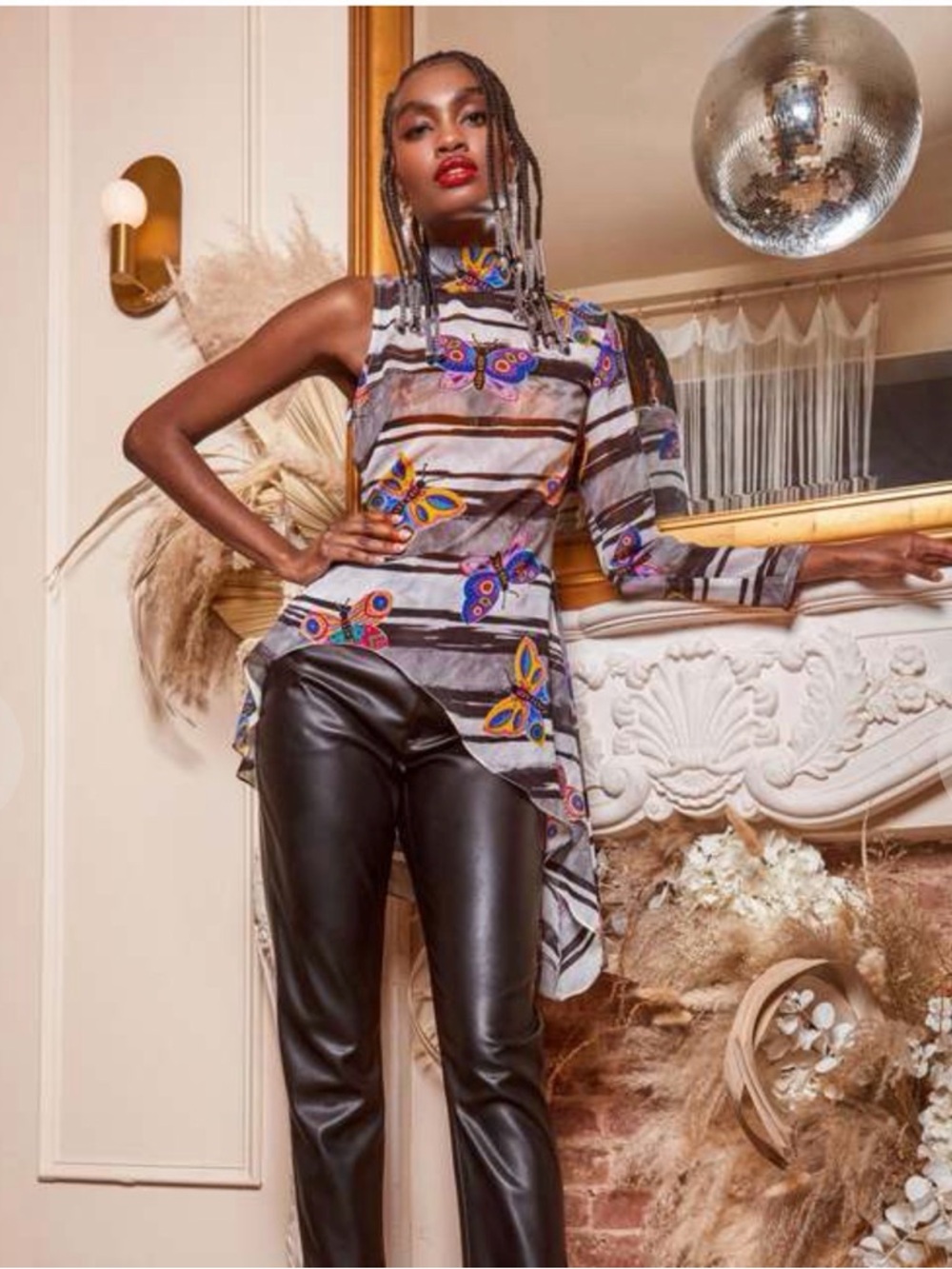 Autumn Adeigbo One-Shoulder Sheer Top with Butterfly Print